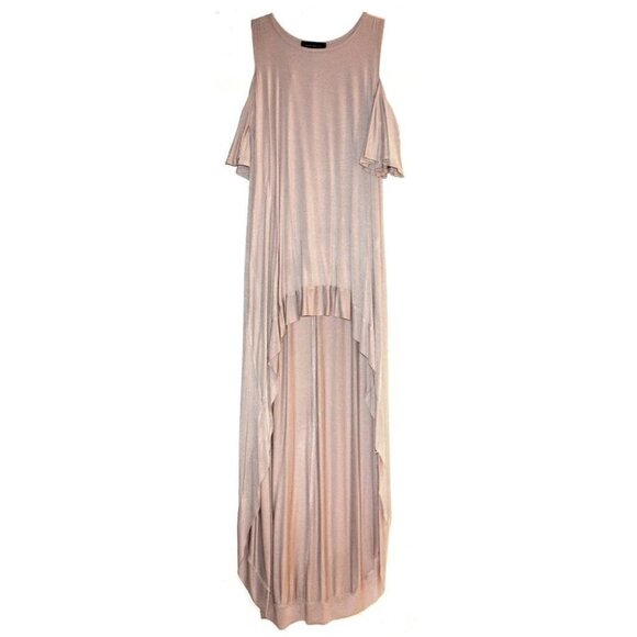 Rae Mode Hi Low Cold Shoulder Top in Beige Tan Neutral Viscose Modal Span Soft - Picture 1 of 10